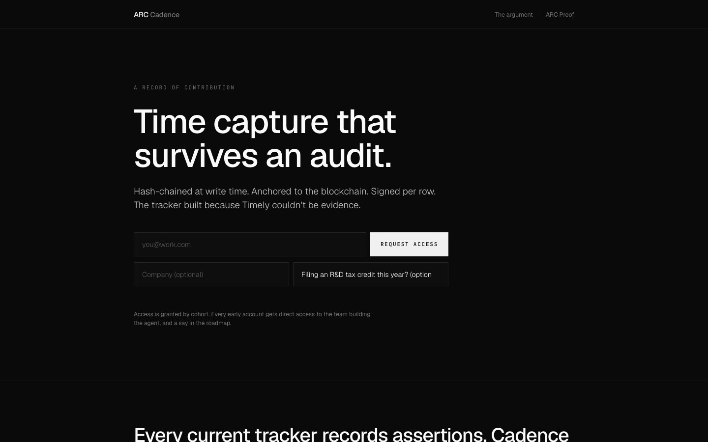 Screenshot: ARC Cadence. Time capture that survives an audit.